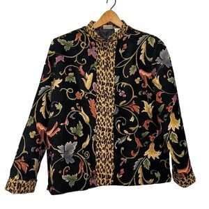 Vintage Tapestry Floral Jacket Leopard‎ Print Trim Art Blazer Women's Medium